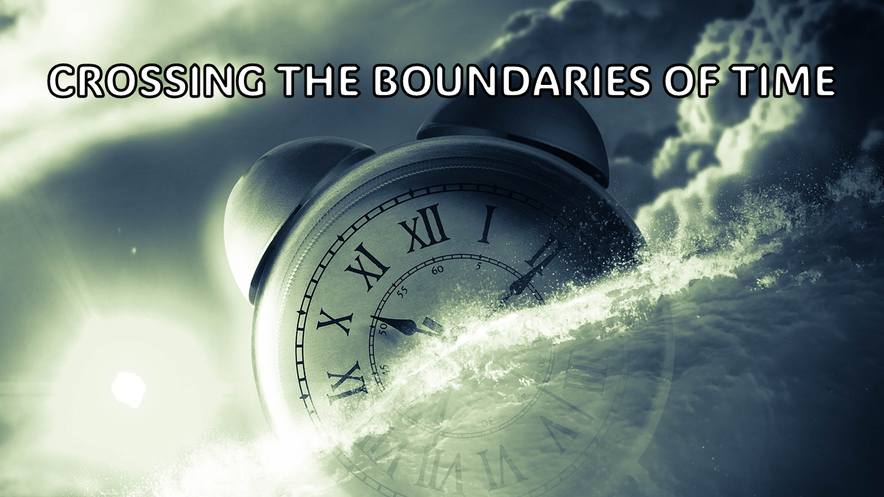 An alarm clock half submerged in water with the text "Crossing the boundaries of time" writen across the top portion of the image